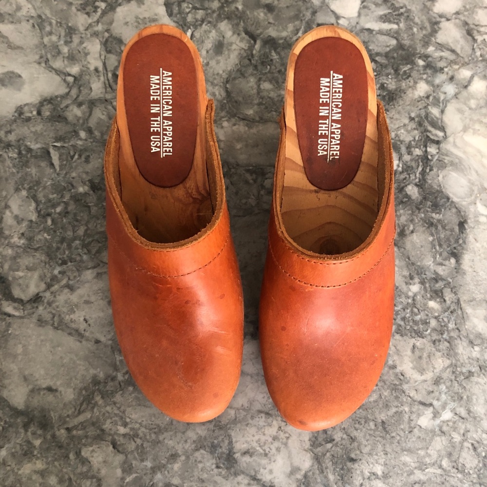 American apparel brown leather and wood clogs